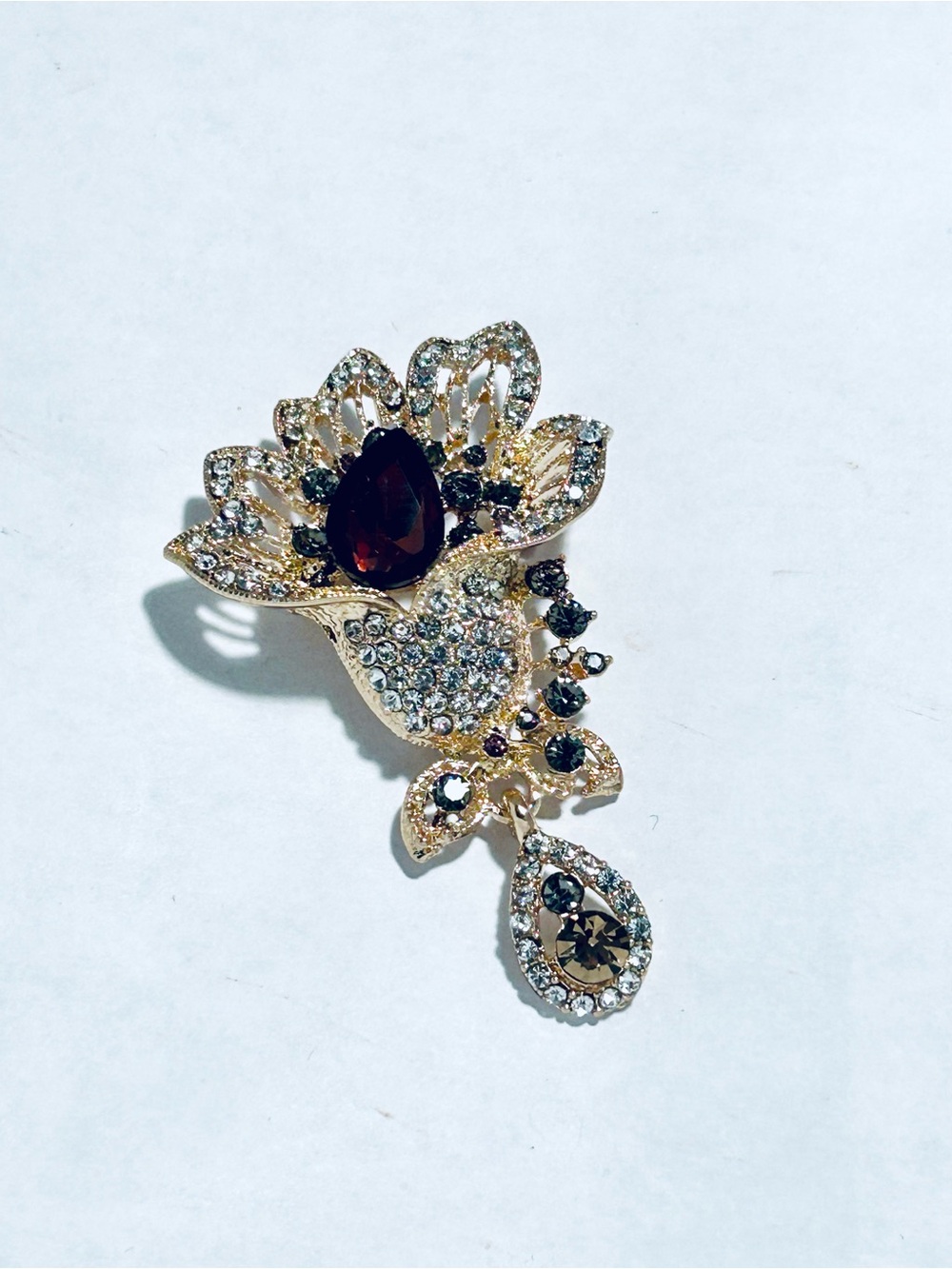 Gold-tone Floral Drop Brooch with Amber‎ and Clear Stones, Costume Jewelry